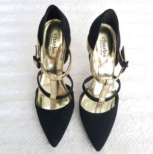 NEW Strappy Black and Gold Heels